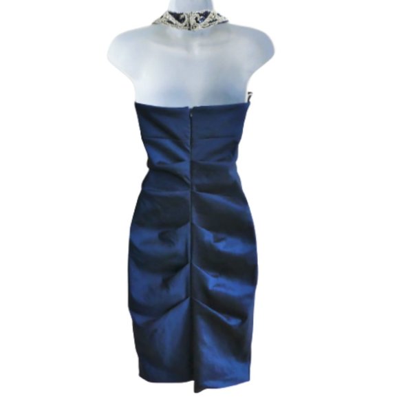 Vintage Cocktail Dress Cobalt Taffeta Ruched Bling Beaded Sequin Halter 4 USA - Picture 3 of 9